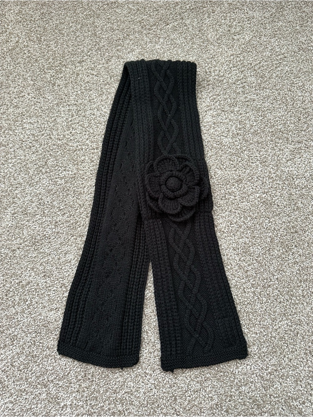 Mud Pie Black Knit Scarf with Flower Accent